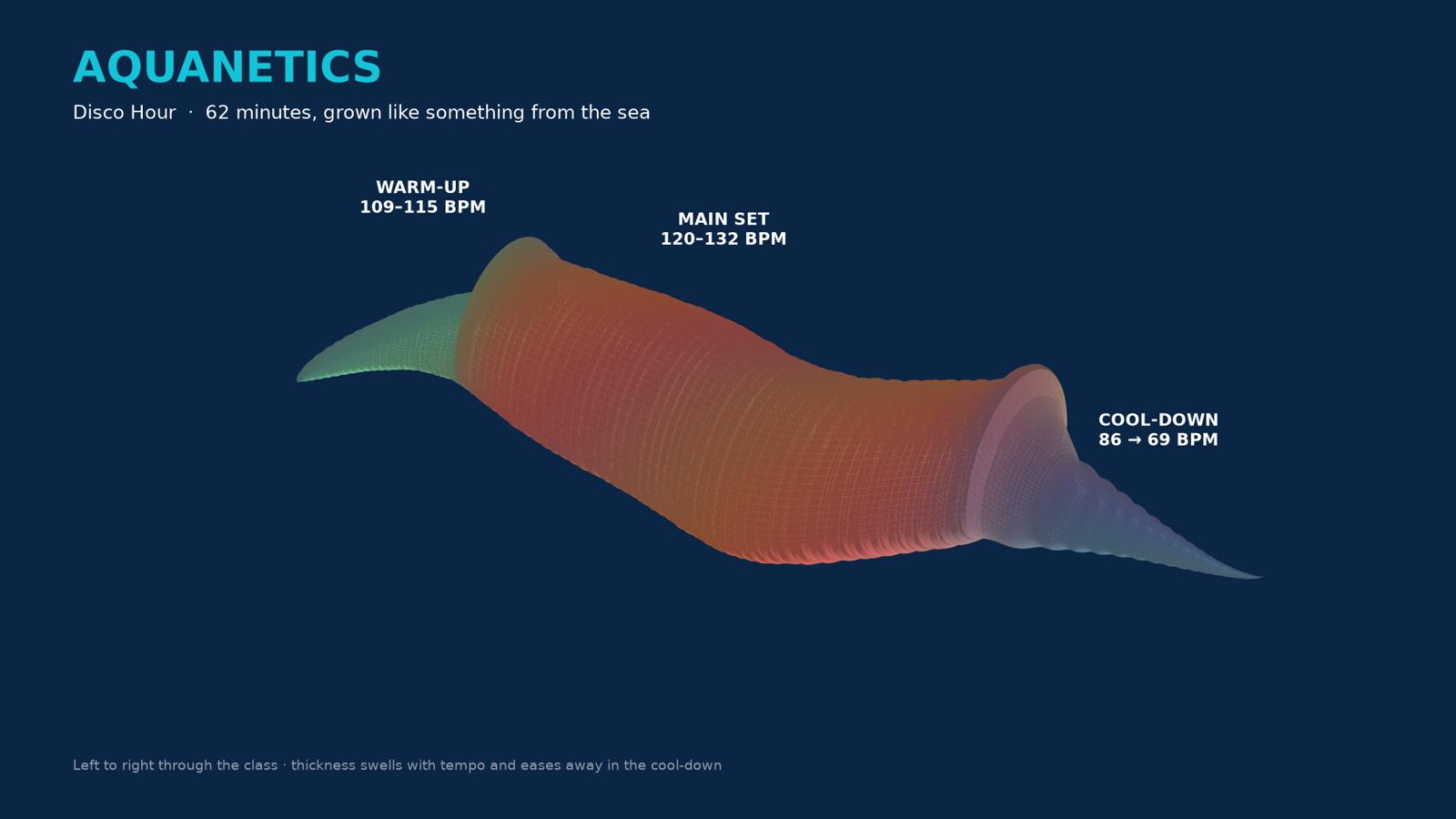 3D sculpture generated from the measured loudness of the Disco Hour mix: a flowing shape that swells through the main set and tapers in the cool-down